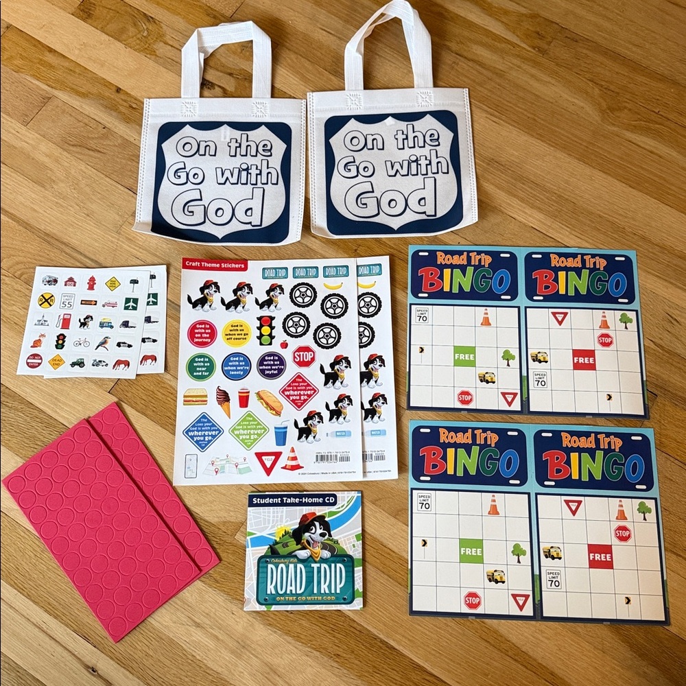 NEW “On the Go with God” Road Trip Bingo Set Bundle CD Stickers Tote Bags Kids